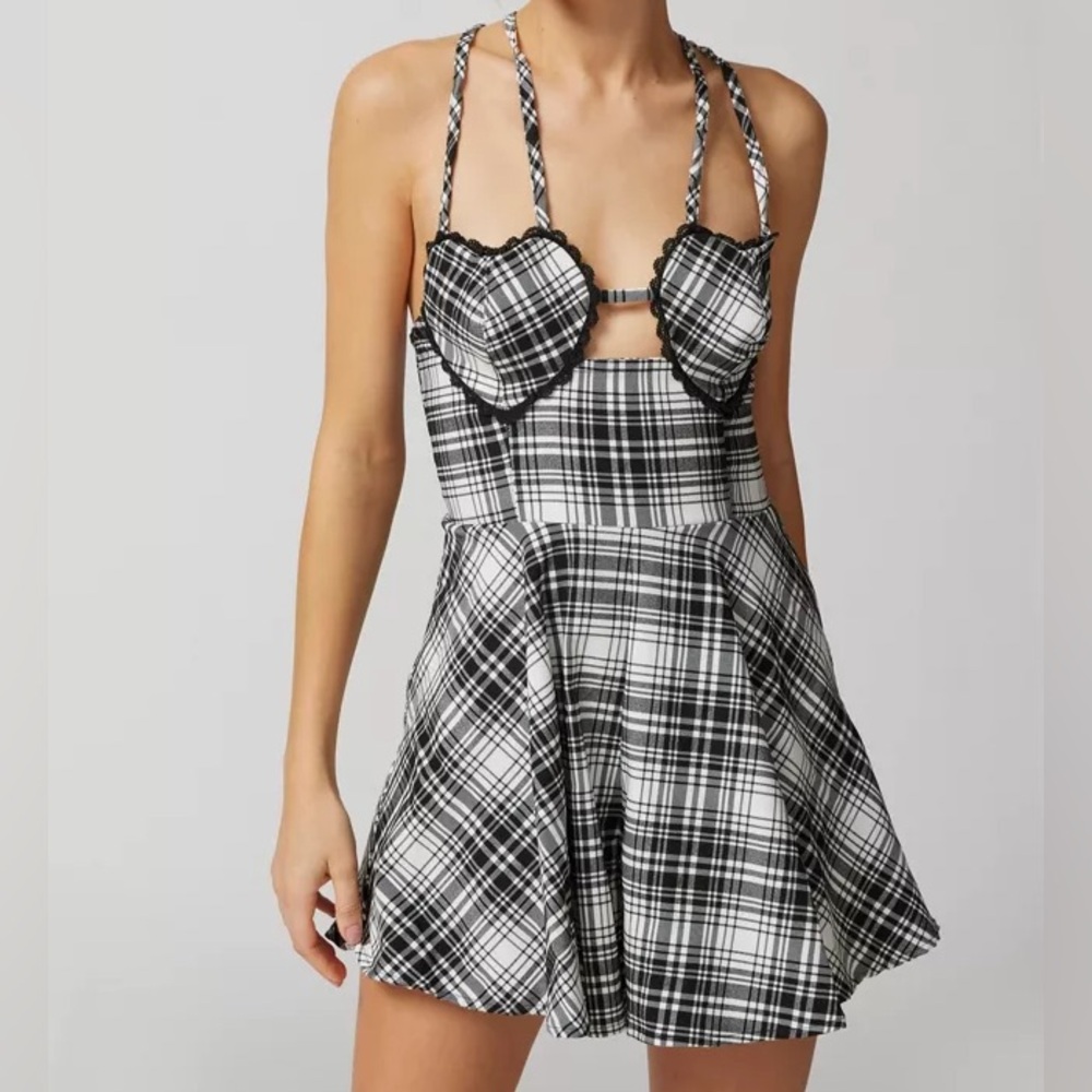 Black & White Urban Outfitters Plaid Heart Romper